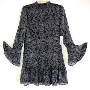 DAX sz S Black & White Chiffon Long Bell Cuff Sleeve Dress Lined Flowy LBD